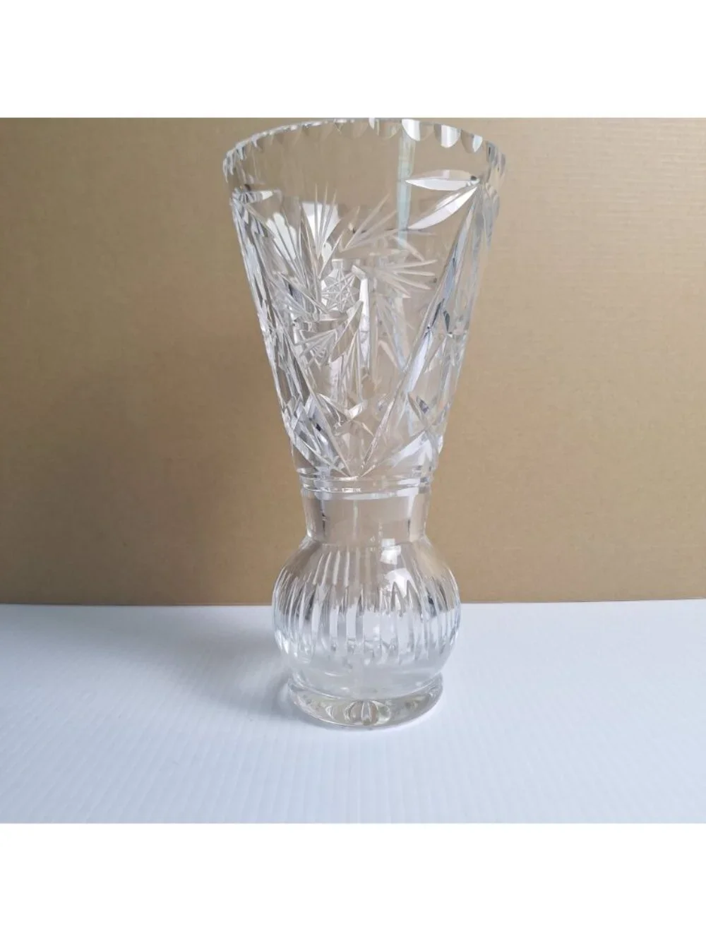 VINTAGE BELFOR HAND-CUT LEAD CRYSTAL VASE PINWHEEL AND STARBURST CZECHOSLOVAKIA